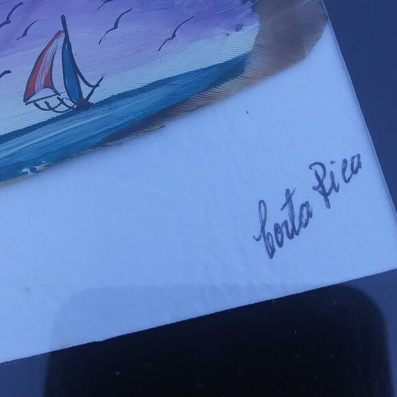 Vintage framed under glass painted feather artist sign from Costa Rica sail boat - Picture 5 of 15